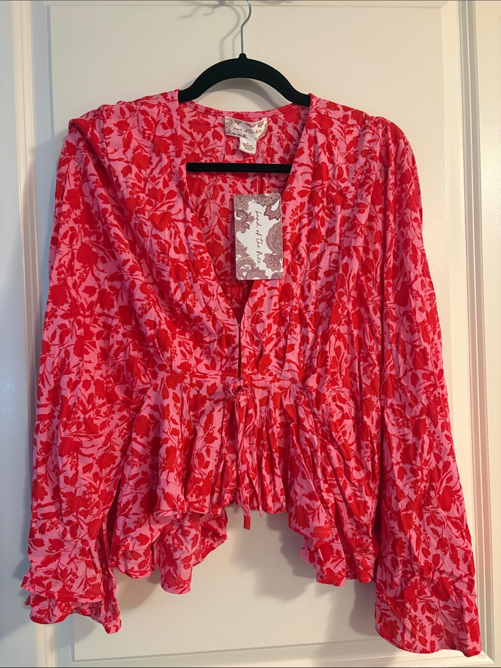 Floral Ruffle Peplum Blouse in Pink and Red - Romantic V-Neck